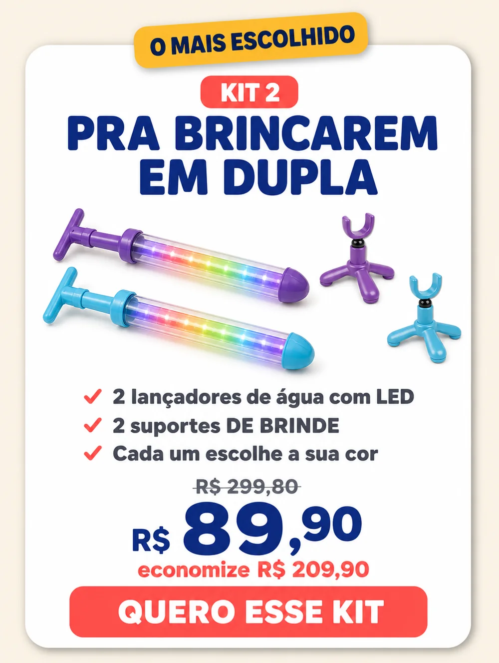 Kit 2, pra brincarem em dupla: 2 lançadores e 2 suportes de brinde por R$ 89,90