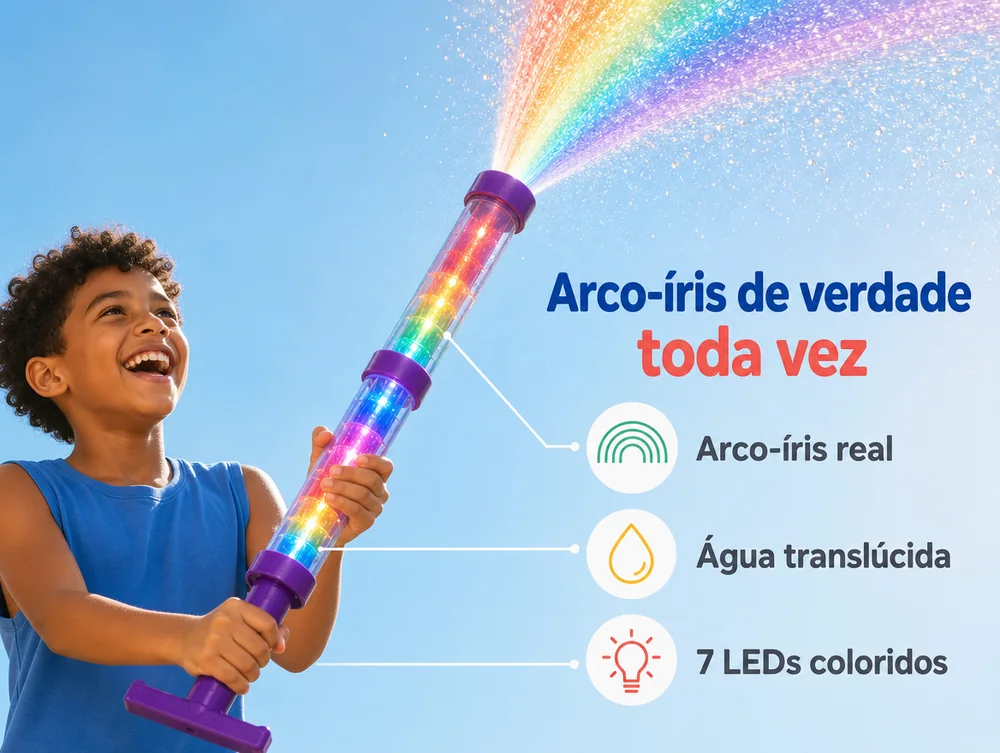 Arco-íris de verdade, toda vez: arco-íris real, água translúcida e 7 LEDs coloridos